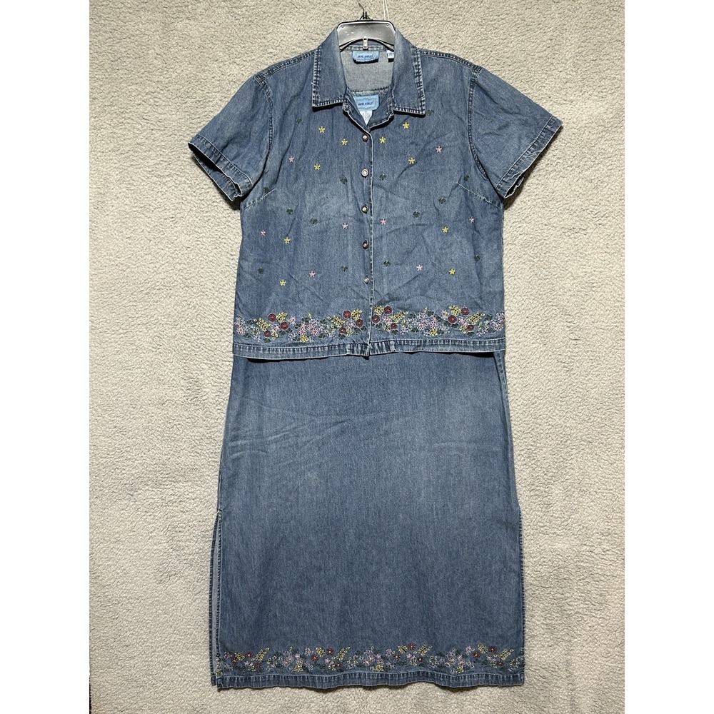 Vintage Jane Ashley Maxi Jacket Dress Womans‎ XL Embroidered Flowers Blue Denim
